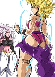  2girls absurdres android_21 ass aura blonde_hair blue_eyes breasts caulifla charge_sol cleavage crop_top dark_eyes detached_sleeves dragon_ball dragon_ball_fighterz dragon_ball_super glowing glowing_eyes highres large_breasts long_hair midriff multiple_girls pants pointy_ears red_eyes torn_clothes torn_pants underwear white_hair wristband 