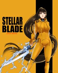 1girl black_hair blunt_bangs bodysuit breasts brown_eyes electricity eve_(stellar_blade) fleurashdesign highres holding holding_weapon kill_bill large_breasts long_hair looking_at_viewer parody ponytail skin_tight solo sporty_yellow_(stellar_blade) stellar_blade sword thighs very_long_hair weapon