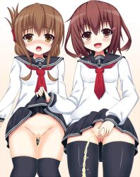2girls anchor black_skirt blush breasts brown_eyes brown_hair clothes_lift fang gradient_background hair_ornament hairclip have_to_pee ikazuchi_(kancolle) inazuma_(kancolle) kantai_collection kodane lifting_another&#039;s_clothes loli long_hair long_sleeves looking_at_viewer multiple_girls neckerchief open_mouth over-kneehighs peeing peeing_self ponytail pussy red_neckerchief school_uniform serafuku shirt short_hair skirt skirt_lift small_breasts smile spread_pussy standing tan_background tears thighhighs uncensored white_shirt rating:Explicit score:35 user:cpee