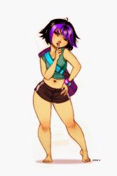  1girl barefoot big_hero_6 black_hair disney eddie_holly feet gogo_tomago midriff multicolored_hair purple_hair short_shorts shorts solo tank_top thick_thighs thighs toes two-tone_hair  rating:Questionable score:115 user:Feelicks