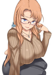  1girl aged_up blue_eyes breasts brown_hair glasses highres huge_breasts jewelry komusou_(jinrikisha) long_hair mature_female mole necklace ooba_minori&#039;s_mother original ribbed_sweater ring simple_background sitting smile solo sweater white_background 