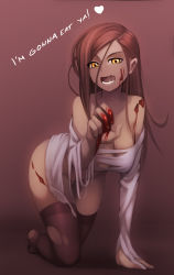  1girl absurdres all_fours blood blood_on_face blood_on_hands crawling english_text fang halloween highres injury long_hair original red_hair saliva solo thighhighs toniwing torn_clothes torn_thighhighs yellow_eyes zombie  rating:Sensitive score:26 user:danbooru