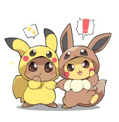 azuma_minatsu blush brown_eyes closed_mouth cosplay creatures_(company) eevee eevee_(cosplay) frown game_freak gen_1_pokemon highres holding_hands hood hoodie nintendo no_humans open_mouth pikachu pikachu_(cosplay) pokemon pokemon_(creature) smile standing white_background