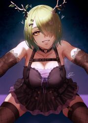  1girl 2dswirl antler_ribbon antlers black_dress bow breasts ceres_fauna ceres_fauna_(goth) choker dress fishnet_thighhighs fishnets flower goth_fashion green_hair hair_flower hair_ornament heart_o-ring highres hololive hololive_english horns large_breasts looking_at_viewer mole mole_under_eye official_alternate_costume pov short_hair smile sweat thighhighs yellow_eyes 