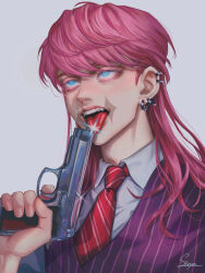  1boy absurdres aiming_up artist_name blue_eyes collared_shirt ear_piercing eyelashes from_side gun highres holding holding_gun holding_weapon light_blush looking_up male_focus medium_hair necktie open_mouth piercing pink_hair portrait purple_vest red_necktie sanzu_haruchiyo scar scar_on_face shirt simple_background solo staryoruu teeth tokyo_revengers tongue tongue_out upper_teeth_only vest weapon white_shirt wolf_cut 