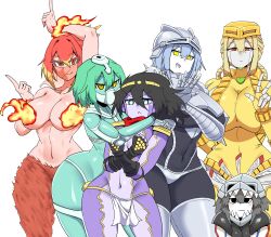 2022 6+girls arm_up armor black_bodysuit black_eyes black_gloves black_hair blonde_hair blue_eyes body_writing bodysuit braid breasts colored_skin covered_navel expressionless facial_mark feathers female_focus fingerless_gloves fire genderswap genderswap_(mtf) gloves green_hair green_skin hair_between_eyes hair_ornament hat heart helmet hierophant_green highres hug huge_breasts humanized jewelry jojo_no_kimyou_na_bouken large_breasts leotard loincloth looking_at_viewer magician&#039;s_red mannungei mask multicolored_hair multiple_girls navel open_mouth purple_skin red_eyes red_hair revealing_clothes see-through short_hair shoulder_pads sideboob silver_chariot silver_hair simple_background size_difference small_breasts smile spikes stand_(jojo) standing star_platinum stardust_crusaders the_fool the_world thick_thighs thighhighs thighs topless two-tone_hair white_background wide_hips x_arms yellow_eyes yellow_gloves yellow_leotard zettai_ryouiki 