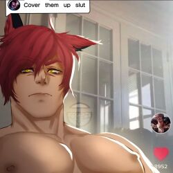  1boy bara cover_them_up_slut_(meme) dialogue_box indoors league_of_legends light_frown looking_at_viewer male_focus meme nipples nude photo_background renishi9 scar scar_on_face scar_on_nose sett_(league_of_legends) short_hair solo upper_body 