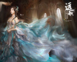  1girl absurdres artist_request bare_shoulders brown_hair coronation crown detached_sleeves disembodied_hand doupo_cangqiong dress dust gu_xun_er_(doupo_cangqiong) hair_ornament highres indoors long_hair looking_up parted_lips rainbow_gradient second-party_source upper_body white_dress window 