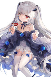 1girl black_bow black_bowtie blue_dress blue_flower blue_ribbon blue_rose blush bow bowtie breasts chloe_lilith_stella cup demon_girl demon_horns demon_tail detached_collar detached_sleeves dress drinking_glass female_focus flower flower_ornament garter_straps grey_hair heterochromia highres holding holding_cup horns kedama_milk kiss_kiss_drain loli long_hair long_sleeves looking_at_viewer pointy_ears red_eyes ribbon rose simple_background small_breasts solo tail thighhighs two-tone_dress white_dress white_thighhighs wide_sleeves wine_glass yellow_eyes rating:Sensitive score:58 user:danbooru