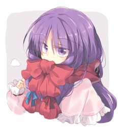  1girl blue_ribbon blush border breath capelet commentary_request covered_mouth cropped_torso enpera eyes_visible_through_hair frilled_capelet frills grey_background hair_between_eyes hair_ribbon long_hair no_headwear outside_border patchouli_knowledge pink_capelet purple_eyes purple_hair red_ribbon red_scarf ribbon satou_kibi scarf scarf_over_mouth simple_background solo touhou upper_body white_border  rating:Sensitive score:6 user:danbooru