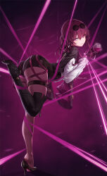  1girl alcohol arched_back ass black_footwear blush boots closed_mouth commentary cup english_commentary eyewear_on_head from_side full_body glasses high_heel_boots high_heels holding holding_cup honkai:_star_rail honkai_(series) kafka_(honkai:_star_rail) leggings looking_at_viewer mitsu_(mitsu_art) patreon_username pince-nez pumps purple_background purple_eyes purple_hair purple_leggings shoes single_shoe single_thigh_boot standing standing_on_one_leg stiletto_boots stiletto_heels sunglasses thigh_boots thigh_strap thighs wine  rating:Sensitive score:38 user:danbooru