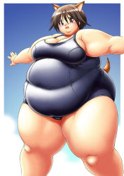  1girl animal_ears belly breasts brown_eyes brown_hair fat harumi-knd large_breasts miyafuji_yoshika obese one-piece_swimsuit school_swimsuit short_hair sky solo strike_witches swimsuit thighs world_witches_series  rating:Questionable score:30 user:Spiral-pegacion