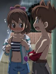 1boy 1girl amano_keita awa belt blue_shorts blush bow brown_hair embarrassed hair_bow high_ponytail hood hoodie kodama_fumika loli looking_at_another outdoors pink_bow rain shorts striped_tank_top tank_top undressing watch youkai_watch youkai_watch_(object) rating:Questionable score:86 user:jameskb1
