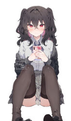  1girl artist_name black_footwear black_thighhighs blush cellphone collared_shirt cover_image dress_shirt grey_skirt holding holding_phone ikeuchi_tanuma koi_to_mahou_to_etcetera loafers pantyhose phone plaid plaid_skirt pleated_skirt red_eyes school_uniform shirt shoes signature sitting skirt small_sweatdrop smartphone solo thighhighs twitter_username two_side_up wavy_mouth 