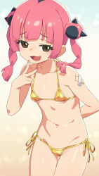  1girl alternate_costume bikini black_eyes black_hair blush breasts commentary_request coral_(pokemon) creatures_(company) fang game_freak gold_bikini highres looking_at_viewer micro_bikini multicolored_hair navel nintendo om_(nk2007) open_mouth pink_hair pokemon pokemon_(anime) pokemon_horizons side-tie_bikini_bottom small_breasts smug solo swimsuit thigh_gap twintails two-tone_hair v  rating:Sensitive score:27 user:danbooru