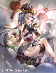 2girls asymmetrical_legwear blue_eyes company_name copyright_name copyright_notice crossed_legs earrings food fruit hands_up hitowa holding holding_food holding_fruit jewelry long_hair looking_at_viewer looking_back mismatched_legwear multiple_girls official_art on_chair open_mouth sengoku_taisen silver_hair sitting smile solo_focus thighhighs