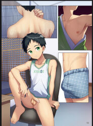  1boy armpits bar_censor basketball_jersey black_hair bottomless boxers bulge censored character_request collarbone copyright_request erection erection_under_clothes fanbox_reward flaccid green_eyes looking_at_viewer male_focus male_underwear nipples paid_reward paid_reward_available pectorals penis rukiruki shota showering sitting testicles underwear wet 