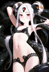  1girl 95--- abigail_williams_(fate) abigail_williams_(swimsuit_foreigner)_(fate) abigail_williams_(swimsuit_foreigner)_(first_ascension)_(fate) armpits arms_behind_head arms_up bare_shoulders bikini black_bikini black_bow blush bow breasts collarbone colored_skin double_bun fate/grand_order fate_(series) forehead hair_bow hair_bun highres keyhole long_hair looking_at_viewer navel orange_bow parted_bangs parted_lips red_eyes sidelocks small_breasts solo swimsuit tentacles thighs third_eye twintails very_long_hair white_hair white_skin  rating:Sensitive score:10 user:danbooru