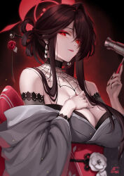 1girl black_choker black_hair black_nails blue_archive breasts choker cleavage closed_mouth earrings fingernails grey_kimono hair_ornament hair_stick halo japanese_clothes jewelry kimono kokuriko_(blue_archive) large_breasts lips long_hair long_sleeves looking_at_viewer nail_polish obi okitakung red_eyes red_halo sash signature solo upper_body wide_sleeves 