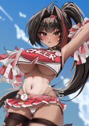  1girl absurdres arm_up armpits badge bandaid bandaid_on_stomach bandaid_on_thigh bare_arms bare_shoulders bay_(nikke) black_collar black_hair black_hairband black_thighhighs blue_sky blurry blurry_background blush breasts brown_eyes button_badge cheerleader clothes_writing cloud collar commentary cowboy_shot crop_top daraamji2 dark-skinned_female dark_skin day facial_mark fang from_below goddess_of_victory:_nikke groin hair_intakes hairband hand_up high_ponytail highleg highleg_panties highres holding holding_pom_poms large_breasts lock long_hair looking_ahead microskirt midriff mole mole_on_breast mole_on_groin mole_on_stomach mole_under_mouth multicolored_hair navel one-piece_tan padlock padlocked_collar panties parted_lips pleated_skirt pom_pom_(cheerleading) pom_poms ponytail red_hair red_hairband red_shirt red_skirt shirt side-tie_panties side_slit sidelocks single_thighhigh skirt sky sleeveless sleeveless_shirt solo standing star_(symbol) star_facial_mark stomach streaked_hair string_panties tan tanline thigh_strap thighhighs torn_clothes torn_thighhighs two-tone_hair two-tone_hairband two-tone_shirt underboob underwear upskirt very_long_hair white_panties white_shirt 