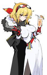  1girl black_coat black_gloves blonde_hair breasts coat cup dress gloves henriiku_(ahemaru) highres holding holding_cup hololive hololive_indonesia impossible_clothes kaela_kovalskia kaela_kovalskia_(1st_costume) looking_at_viewer medium_breasts navel red_eyes red_gloves solo two-sided_gloves v virtual_youtuber white_dress 