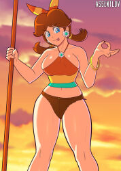  1girl assentlov blue_eyes breasts brooch brown_hair cosplay crossover earrings flower_earrings jewelry legs looking_at_viewer mario_(series) nami_(one_piece) nami_(one_piece)_(cosplay) navel nintendo one_piece one_piece:_strong_world princess_daisy ribbon shiny_skin shorts smug standing sunset super_mario_land thigh_gap tomboy tongue tongue_out twintails 