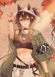  1girl animal_ears arknights belt black_belt black_choker black_shirt black_wristband breasts brown_hair choker coat commentary_request cowboy_shot crop_top cropped_shirt crossed_bangs ears_through_headwear fedora green_coat green_eyes hair_between_eyes hair_ornament hair_through_headwear hand_up hat highres hip_vent horse_ears horse_girl joul_0704 long_hair long_sleeves looking_at_viewer medium_breasts meteor_(arknights) meteor_(bard&#039;s_holiday)_(arknights) midriff mole mole_under_eye navel official_alternate_costume open_clothes open_coat pants parted_lips ponytail shirt sidelocks single_bare_shoulder sleeveless sleeveless_shirt smile solo standing star_(symbol) star_hair_ornament sunlight white_hat white_pants 