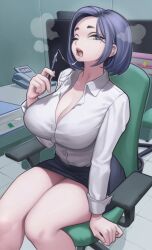 1girl absurdres arm_support black_skirt blue_eyes blue_hair breasts breath buttons chair character_request cleavage collared_shirt copyright_request highres holding holding_pen large_breasts legs lentiyay lips long_sleeves looking_at_viewer medium_hair mole mole_under_eye office_chair office_lady one_eye_closed open_mouth pen phone saliva saliva_trail sexually_suggestive shirt skirt solo swivel_chair thighs tongue tongue_out white_shirt rating:Sensitive score:55 user:danbooru