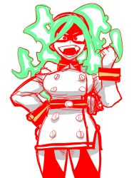  1girl absurdres artist_request belt black_hairband black_thighhighs boku_no_hero_academia breasts burnin_(boku_no_hero_academia) clenched_hands crazy_eyes eye_mask eyebrows_visible_through_mask eyelashes facing_viewer fangs female_focus fiery_hair fire fire_extinguisher garter_straps gradient_hair green_fire green_hair hair_between_eyes hair_ornament hairband hand_on_own_hip hand_up highres kamiji_moe large_breasts legs long_bangs long_hair looking_at_viewer mask multicolored_hair neck open_mouth partially_colored ponytail sidelocks simple_background standing thighhighs traditional_media v-shaped_eyebrows wide_ponytail yellow_eyes 