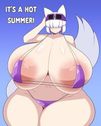  1girl animal_ears areola_slip bikini blue_background breasts curvy duskyer english_text female_focus fox_ears fox_girl fox_tail gigantic_breasts gradient_background large_areolae micro_bikini navel purple_bikini smile solo standing sunglasses_on_head swimsuit tail tail_raised thick_thighs thighs white_hair white_tail wide_hips 