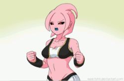  1girl animated animated_gif breasts candy cleavage colored_skin dragon_ball dragon_ball_online dragon_ball_xenoverse dragonball_z epe-tohri female_focus female_majin food lamp_(epe-tohri) lowres majin_(race) midriff monster_girl pink_skin red_eyes shirt sleeveless solo steam strapless tagme tube_top upper_body vest  rating:Sensitive score:101 user:Windfiar