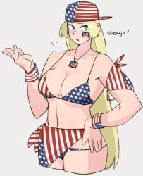  1girl america_(ohasi) american_flag american_flag_bikini american_flag_print backwards_hat bikini blonde_hair blue_eyes breasts cleavage collarbone english_text flag_print hat large_breasts long_hair looking_at_viewer navel ohasi open_mouth original print_swimsuit sarong simple_background solo swimsuit white_background 