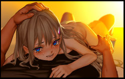  1boy 1girl alice_(as109) as109 bare_legs barefoot blue_eyes blush city_no.109 clothed_male_nude_female feet flat_chest girl_on_top hair_ornament hairclip hand_on_another&#039;s_head light_brown_hair loli long_hair looking_at_viewer lying lying_on_person nude on_back on_stomach open_mouth original smile solo_focus tears  rating:Explicit score:434 user:danbooru