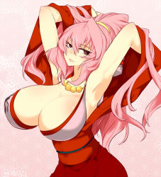  1girl aoguu armpits arms_up bare_shoulders breasts cleavage female_focus huge_breasts japanese_clothes jewelry kimono lips long_hair necklace pink_eyes pink_hair ponytail sengoku_collection solo standing upper_body yukata 