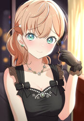  1girl absurdres black_dress black_gloves blurry blurry_background blush bow breasts cleavage closed_mouth collarbone commentary_request cross cross_necklace dress earrings flower flower_necklace frilled_gloves frills gloves green_eyes hair_ornament hand_up highres hinoshita_kaho hinoshita_kaho_(17th_birthday) jewelry large_breasts light_brown_hair link!_like!_love_live! long_hair looking_at_viewer love_live! medium_hair necklace nervous orange_hair playing_with_own_hair ponytail see-through sleeveless sleeveless_dress smile upper_body zanpon 