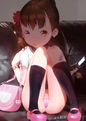 1girl ass bad_id bad_pixiv_id bag bandaid black_socks brown_eyes brown_hair cameltoe cellphone cleft_of_venus couch earrings flip_phone flower food_print hair_flower hair_ornament hideousbeing highres ikamusume inkling_player_character jewelry charm_(object) kneehighs knees_to_chest knees_together_feet_apart legs_up loli long_hair looking_at_viewer mary_janes matching_hair/eyes nintendo no_pants on_couch open_mouth original panties pantyshot phone pigeon-toed pink_footwear pink_panties polka_dot polka_dot_panties shirt shoes side_ponytail sitting socks solo splatoon_(series) splatoon_1 strawberry_print thong underwear variants watch wristwatch rating:Questionable score:433 user:lord_muffington
