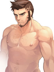  1boy bad_id bad_pixiv_id bara beard brown_hair chest_hair completely_nude darlton facial_hair groin large_pectorals looking_at_viewer male_focus mature_male muscular muscular_male navel navel_hair nipples nude pectorals sergei_strelka short_hair sideburns solo stomach tales_of_(series) tales_of_zestiria 
