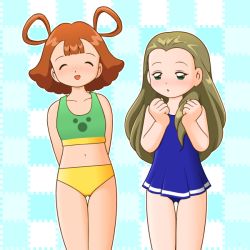 2girls abe_yuri brown_hair green_eyes kasumin multiple_girls orange_hair sakakibara_kaede swimsuit 