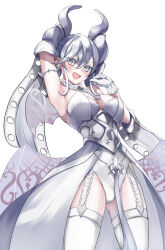  1girl absurdres armored_corset armpits arms_behind_back blush breasts cleavage cowboy_shot demon_girl demon_horns demon_wings dress duel_monster gloves grey_eyes grey_hair highres holding horns large_breasts leotard leotard_under_clothes looking_at_viewer lovely_labrynth_of_the_silver_castle low_wings multiple_wings open_mouth pointy_ears simple_background smile solo sora-wo-tomo spread_cleavage transparent_wings twintails white_background white_horns wings yu-gi-oh! 