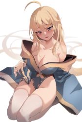  1girl absurdres ahoge bare_shoulders blonde_hair blue_eyes blush breasts cleavage collarbone fang groin heart heart-shaped_pupils highres japanese_clothes kimono large_breasts long_hair long_sleeves looking_at_viewer obi off_shoulder open_mouth original sash seiza simple_background sitting smile solo symbol-shaped_pupils thighhighs thighs white_thighhighs wide_sleeves zerocat  rating:Sensitive score:27 user:danbooru