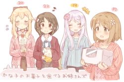 +++ 4girls 7010 :d ^_^ aihara_yukino blonde_hair box brown_eyes brown_hair character_age clarice_(idolmaster) closed_eyes commentary_request eve_santaclaus closed_eyes idolmaster idolmaster_cinderella_girls long_hair mimura_kanako multiple_girls musical_note open_mouth own_hands_together short_hair silver_hair smile teapot translation_request rating:Sensitive score:2 user:danbooru