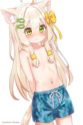  1girl absurdres animal_ear_fluff animal_ears arms_behind_back artist_name blonde_hair bow cat_ears cat_girl cat_tail commentary_request embarrassed fish_hair_ornament green_eyes hair_bow hair_censor hair_ornament hair_over_breasts hazakura_hinata heterochromia highres kurumi_(hazakura_hinata) long_hair male_swimwear male_swimwear_challenge navel original simple_background solo stomach sweat swim_trunks tail topless variant_set white_background yellow_eyes 