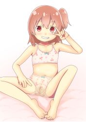 1girl absurdres artist_request barefoot blush cherry_print cleft_of_venus diaper feet female_focus food_print grin highres loli looking_at_viewer panties peeing print_panties red_hair see-through smile solo spread_legs tagme third-party_edit underwear v wet wet_clothes wet_panties rating:Explicit score:57 user:shimpo