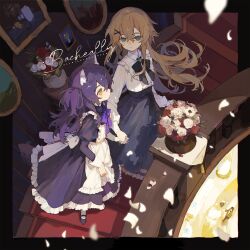  2girls animal_ears apron bouquet closed_mouth dress flower frilled_dress frilled_shirt frills highres holding_hands indoors juliet_sleeves long_sleeves looking_at_another maid maid_apron multiple_girls necktie non-web_source petals puffy_sleeves purple_hair shirt stairs vase wolf_ears yellow_eyes 
