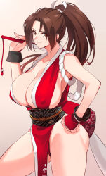 1girl bare_shoulders breasts brown_eyes brown_hair center_opening cleavage collarbone covered_erect_nipples dress duplicate fatal_fury folding_fan forehead hand_fan high_ponytail highres holding holding_fan huge_breasts japanese_clothes long_hair looking_at_viewer negresco ninja no_bra parted_bangs pelvic_curtain pixel-perfect_duplicate ponytail red_dress sash shiranui_mai sideboob smile solo the_king_of_fighters thighs rating:Sensitive score:99 user:danbooru