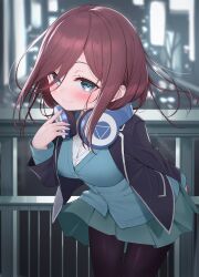 1girl absurdres black_jacket black_pantyhose blazer blue_cardigan blue_eyes blurry blurry_background blush breasts brown_hair cardigan closed_mouth collared_shirt commentary_request depth_of_field dress_shirt eyes_visible_through_hair go-toubun_no_hanayome green_skirt hand_up headphones headphones_around_neck highres jacket leaning_forward long_hair long_sleeves looking_at_viewer medium_breasts nakano_miku open_clothes open_jacket pantyhose pleated_skirt shirt skirt sleeves_past_wrists smile solo tsukiman twitter_username white_shirt rating:General score:1 user:danbooru