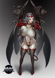  1girl blue_hair bodysuit boots breasts collar gradient_background highres huge_breasts kww868 leotard licking_lips long_hair looking_at_viewer no_bra original pink_eyes pointy_ears simple_background skindentation solo standing tail taut_clothes thigh_boots thighhighs tongue tongue_out wings  rating:Sensitive score:20 user:Sardan