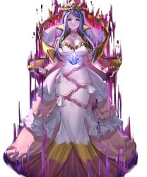  1girl aura blue_eyes blue_hair breasts cleavage crown dark_aura dragonstone dress fire_emblem fire_emblem_engage fire_emblem_heroes frilled_dress frills highres large_breasts long_dress long_hair looking_at_viewer lumera_(fire_emblem) nintendo non-web_source official_art smile solo straight-on tachi-e undead white_background white_dress 