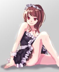  1girl bad_id bad_pixiv_id bare_shoulders breasts brown_hair cleavage dress frilled_dress frills leg_up long_hair looking_at_viewer maid maid_headdress original puyon_(puyon) red_eyes sitting smile solo strapless strapless_dress 
