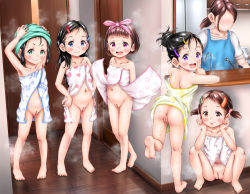  5girls :3 :d :q age_difference anus ass barefoot black_hair blue_eyes blush bottomless bow brown_hair censored cleft_of_venus collarbone drying drying_hair fat_mons feet female_focus flat_chest floral_print flower full_body green_eyes hair_bow hair_ornament hairclip hands_on_own_hips heart heart-shaped_pupils heart_print higegepon highres indoors loli looking_at_viewer mature_female mob_face mosaic_censoring multiple_girls navel no_panties open_mouth orange_eyes pink_eyes pink_hair_bow print_clothes purple_eyes pussy short_twintails smile soles squatting standing star_(symbol) star_print steam symbol-shaped_pupils tagme tongue tongue_out towel towel_on_head twintails wet wet_hair wooden_floor  rating:Explicit score:626 user:uncle_wiggles